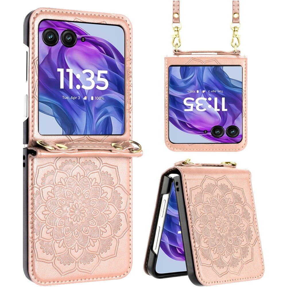 TJS for Motorola Razr 2024 Phone Case, Mandala Flower Leather Protective Cover with Strap for Moto Razr 2024 (Rose Gold)