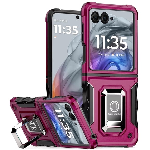 TJS Phone Case for Motorola Razr 2026/2025/2024, [Military Grade] Heavy Duty Magnetic Support Ring Kickstand Cover for Moto Razr 2024/2025 (Hot Pink)