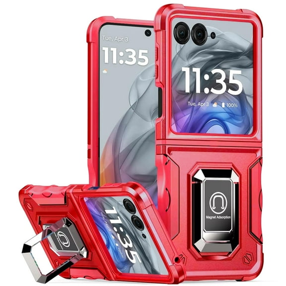 TJS for Motorola Razr 2025/2024 Phone Case, [Military Grade] Heavy Duty Magnetic Support Ring Kickstand Cover for Moto Razr 2024/2025 (Pink)