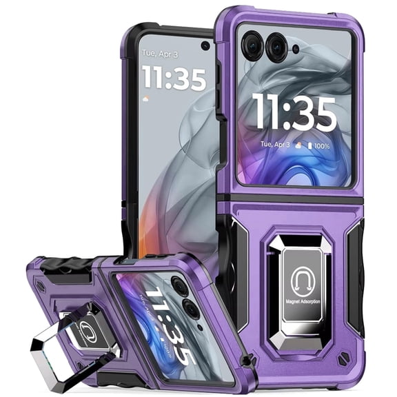 TJS Phone Case for Motorola Razr 2026/Razr 2025/Razr 2024, [Military Grade] Heavy Duty Magnetic Support Ring Kickstand Cover for Moto Razr 2024/2025 (Purple)
