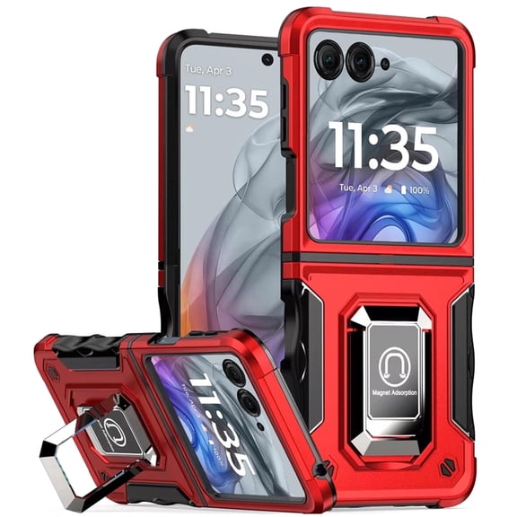 TJS Phone Case for Motorola Razr 2026/Razr 2025/Razr 2024, [Military Grade] Heavy Duty Magnetic Support Ring Kickstand Cover for Moto Razr 2024/2025 (Red)