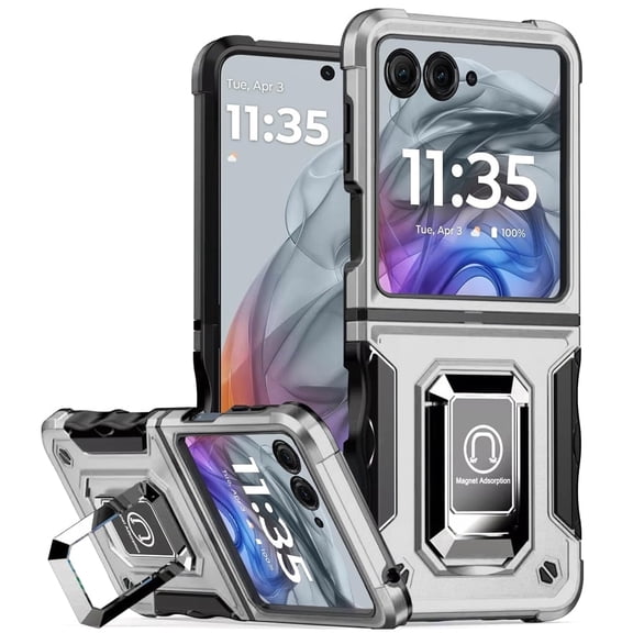TJS Phone Case for Motorola Razr 2026/Razr 2025/Razr 2024, [Military Grade] Heavy Duty Magnetic Support Ring Kickstand Cover for Moto Razr 2024/2025 (Silver)