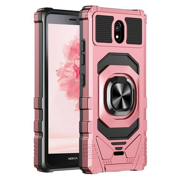 TJS for Nokia C100 Phone Case, [Military Grade] Robotic Magnetic Support Car Mount Metal Ring Holder Kickstand Cover (Rose Gold)