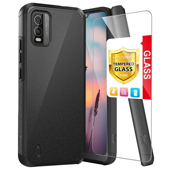 TJS for Nokia C210 Phone Case, with Tempered Glass Screen Protector, Magnetic Support Dual Layer Shockproof Drop Protection Impact Cover (Black)