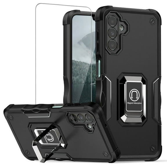 TJS for Samsung Galaxy A16 5G Phone Case, with Tempered Glass Screen Protector, [Military Grade] Heavy Duty Magnetic Support Ring Kickstand Cover for Galaxy A16 5G (Black)