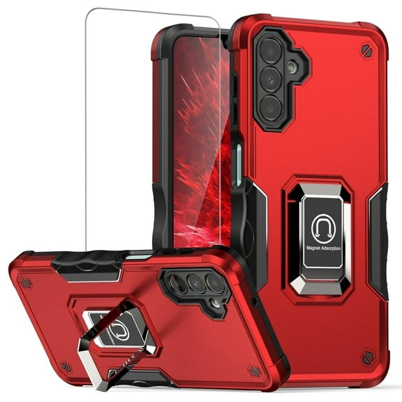 TJS for Samsung Galaxy A16 5G Phone Case, with Tempered Glass Screen Protector, [Military Grade] Heavy Duty Magnetic Support Ring Kickstand Cover for Galaxy A16 5G (Red)