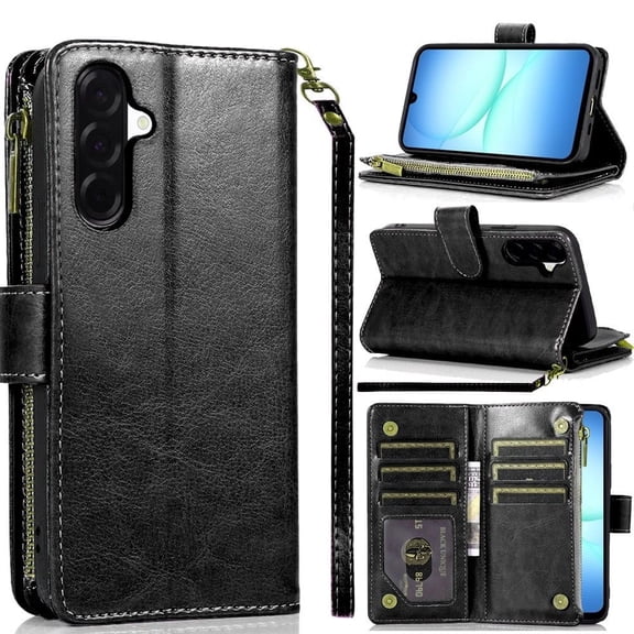 TJS for Samsung Galaxy A17 5G Phone Case, Luxury Wallet Card ID Zipper Money Holder Cover for Galaxy A17 5G (Black)