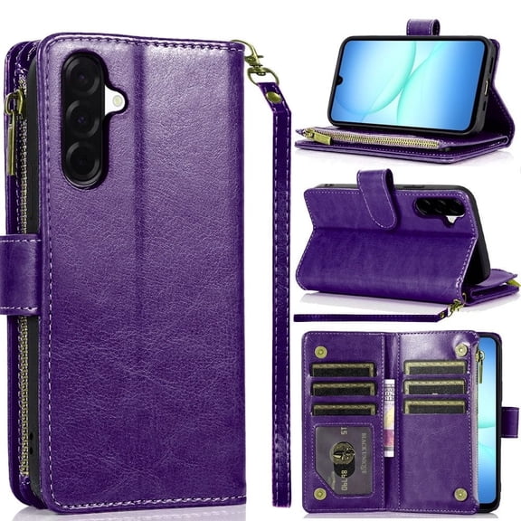 TJS for Samsung Galaxy A17 5G Phone Case, Luxury Wallet Card ID Zipper Money Holder Cover for Galaxy A17 5G (Purple)