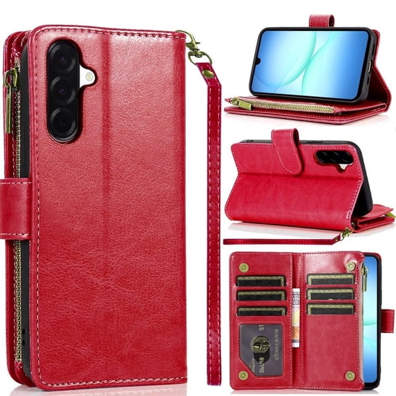 TJS for Samsung Galaxy A17 5G Phone Case, Luxury Wallet Card ID Zipper Money Holder Cover for Galaxy A17 5G (Red)