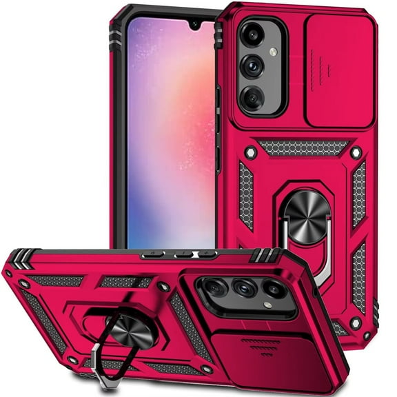 TJS for Samsung Galaxy A26 Phone Case, Slide Camera Cover Hybrid Metal Ring Magnetic Support Kickstand for Samsung A26 (Pink)