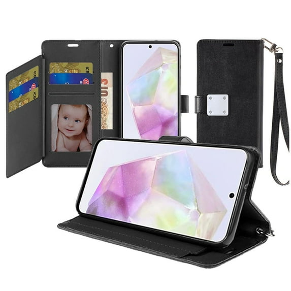 TJS for Samsung Galaxy A36 Phone Case, Magnetic Metal Snap Wallet ID Card Slot Holder Cover for Galaxy A36 (Black)