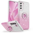 thumbnail image 1 of TJS for Samsung Galaxy S21 FE 5G Phone Case, Two Tone Shinny Glitter Metal Ring Magnetic Support Kickstand Cover (Pink), 1 of 5