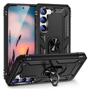 TJS for Samsung Galaxy S23 Phone Case, Impact Resistant Metal Ring Magnetic Support Kickstand Drop Protector Cover for Galaxy S23 (Black)