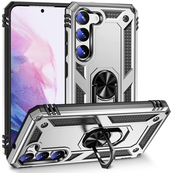 TJS for Samsung Galaxy S23 Phone Case, Impact Resistant Metal Ring Magnetic Support Kickstand Drop Protector Cover for Galaxy S23 (Silver)