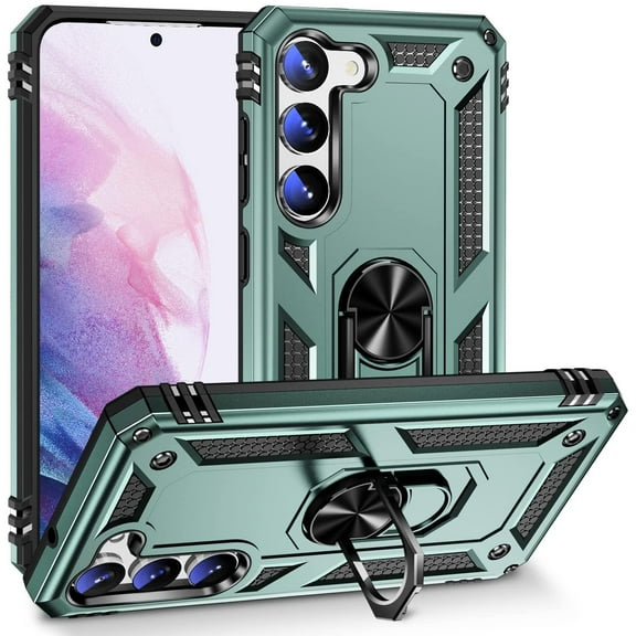 TJS for Samsung Galaxy S23 Phone Case, Impact Resistant Metal Ring Magnetic Support Kickstand Drop Protector Cover for Galaxy S23 (Teal)