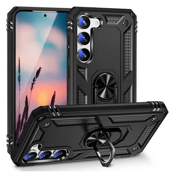 TJS for Samsung Galaxy S23 Plus Phone Case, Impact Resistant Metal Ring Magnetic Support Kickstand Drop Protector Cover for Galaxy S23 Plus (Black)