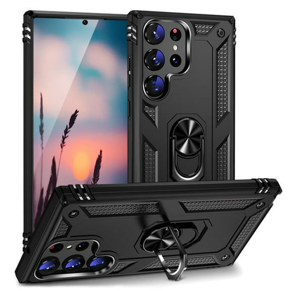 TJS for Samsung Galaxy S23 Ultra Phone Case, Impact Resistant Metal Ring Magnetic Support Kickstand Drop Protector Cover for Galaxy S23 Ultra (Black)