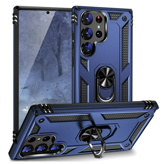 TJS for Samsung Galaxy S23 Ultra Phone Case, Impact Resistant Metal Ring Magnetic Support Kickstand Drop Protector Cover for Galaxy S23 Ultra (Blue)
