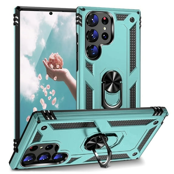TJS for Samsung Galaxy S23 Ultra Phone Case, Impact Resistant Metal Ring Magnetic Support Kickstand Drop Protector Cover for Galaxy S23 Ultra (Teal)
