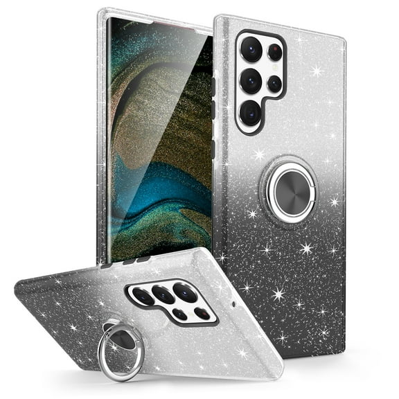 TJS for Samsung Galaxy S23 Ultra Phone Case, Two Tone Shinny Glitter Metal Ring Magnetic Support Kickstand Cover for Galaxy S23 Ultra (Black)