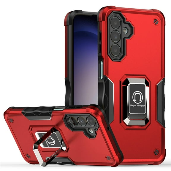 TJS for Samsung Galaxy S24 FE Phone Case, [Military Grade] Heavy Duty Magnetic Support Ring Kickstand Cover for Galaxy S24FE (Red)