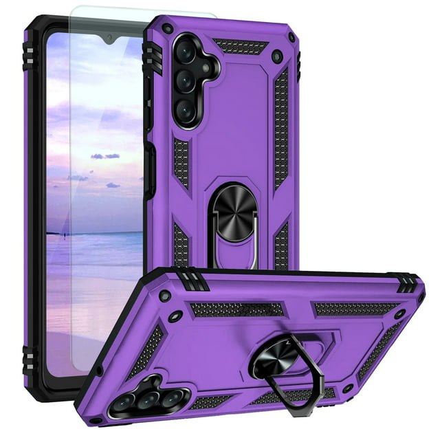 TJS for Samsung Galaxy S24 Phone Case, Impact Resistant Metal Ring Magnetic Support Kickstand Drop Protector Cover for Galaxy S24 (Purple)