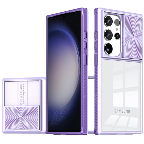 TJS for Samsung Galaxy S24 Phone Case, Slide Camera Cover Full Body Bumper Protective Clear Cover (Purple)