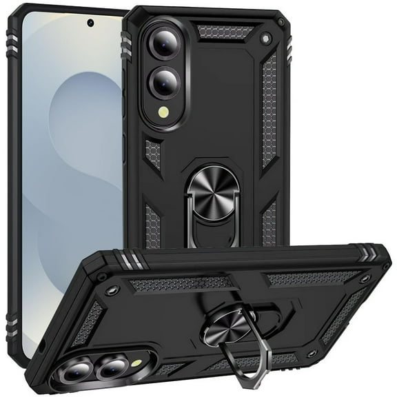 TJS for Samsung Galaxy S25 Edge Phone Case, Impact Resistant Hybrid Metal Ring Magnetic Support Kickstand Cover for Galaxy S25 Edge (Black)