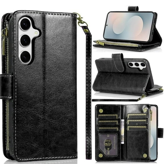 TJS for Samsung Galaxy S25 FE Phone Case, Luxury Wallet Card ID Zipper Money Holder Cover for Samsung S25 FE (Black)