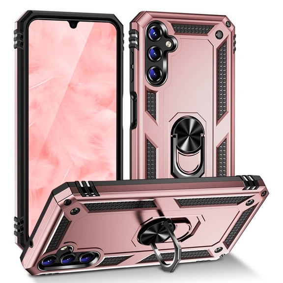 TJS for Samsung Galaxy S25 / S24 Phone Case, Impact Resistant Metal Ring Magnetic Support Kickstand Drop Protector Cover for Galaxy S25 (Rose Gold)