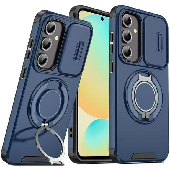 TJS for Samsung Galaxy S25 Plus Phone Case, Privacy Camera Dual Layer Magnetic Ring Rotating Stand Protective Cover for Galaxy S25 Plus (Blue)
