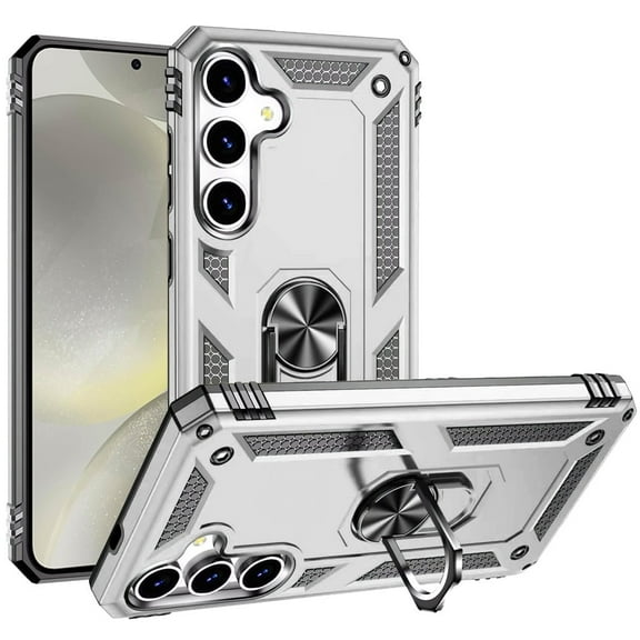 TJS for Samsung Galaxy S25 / S24 Phone Case, Impact Resistant Metal Ring Magnetic Support Kickstand Drop Protector Cover for Galaxy S25 (Silver)