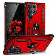 TJS for Samsung Galaxy S25 Ultra Phone Case, Impact Resistant Metal Ring Magnetic Support Kickstand Drop Protector Cover for Galaxy S25 Ultra (Red)