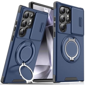 TJS for Samsung Galaxy S25 Ultra Phone Case, Privacy Camera Dual Layer Magnetic Ring Rotating Stand Protective Cover for Galaxy S25 Ultra (Blue)