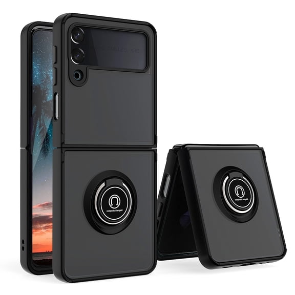 TJS for Samsung Galaxy Z Flip 4 5G Case, 360 Degrees Rotating Metal Ring Magnetic Support Kickstand Phone Cover for Galaxy Z Flip 4 (Black)