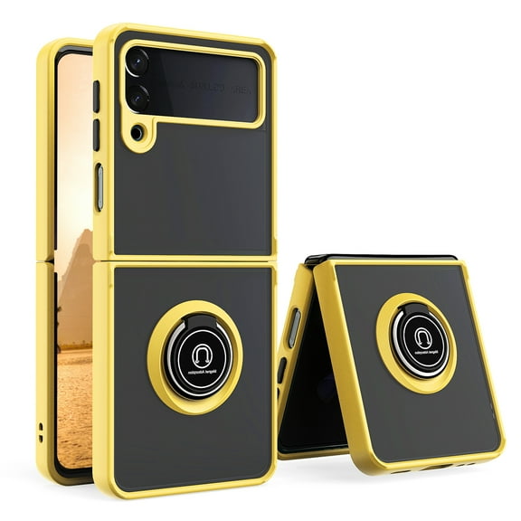 TJS for Samsung Galaxy Z Flip 4 5G Case, 360 Degrees Rotating Metal Ring Magnetic Support Kickstand Phone Cover for Galaxy Z Flip 4 (Yellow)