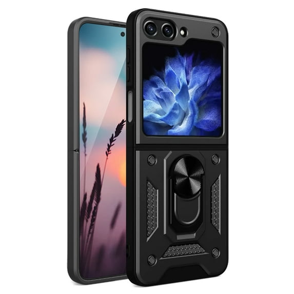 TJS for Samsung Galaxy Z Flip 5 Phone Case, Impact Resistant Metal Ring Magnetic Support Kickstand Drop Protector Cover (Black)