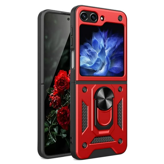 TJS for Samsung Galaxy Z Flip 5 Phone Case, Impact Resistant Metal Ring Magnetic Support Kickstand Drop Protector Cover (Red)
