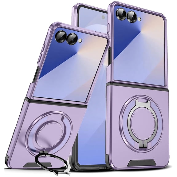 TJS for Samsung Galaxy Z Flip 7 Phone Case, Privacy Camera Dual Layer Magnetic Ring Rotating Stand Protective Cover (Purple)