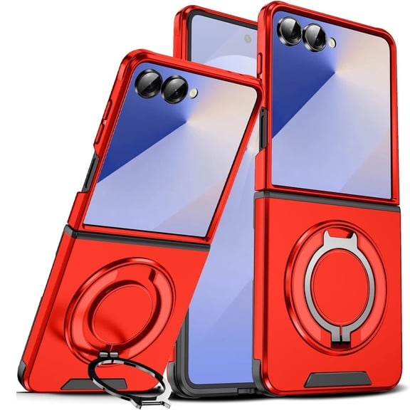 TJS for Samsung Galaxy Z Flip 7 Phone Case, Privacy Camera Dual Layer Magnetic Ring Rotating Stand Protective Cover (Red)