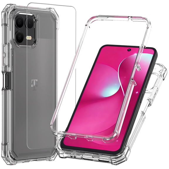 TJS Phone Case for T-Mobile REVVL 8, with Tempered Glass Screen Protector, Full Body Protective Heavy Duty Hybrid Bumper Cover (Clear)