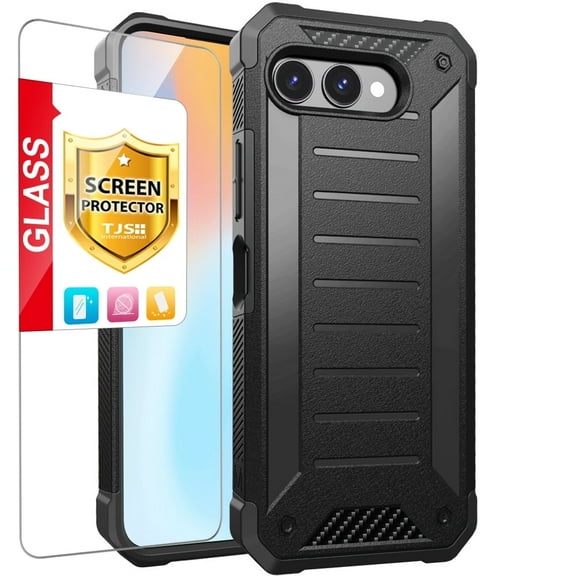 TJS Phone Case for T-Mobile REVVL 8, with Tempered Glass Screen Protector, Tough Lined Design Hybrid Shockproof Protection Cover (Black)
