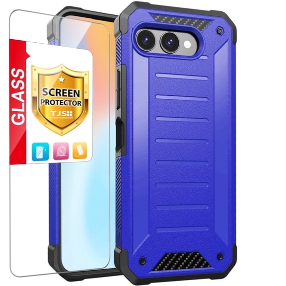 TJS Phone Case for T-Mobile REVVL 8, with Tempered Glass Screen Protector, Tough Lined Design Hybrid Shockproof Protection Cover (Blue)