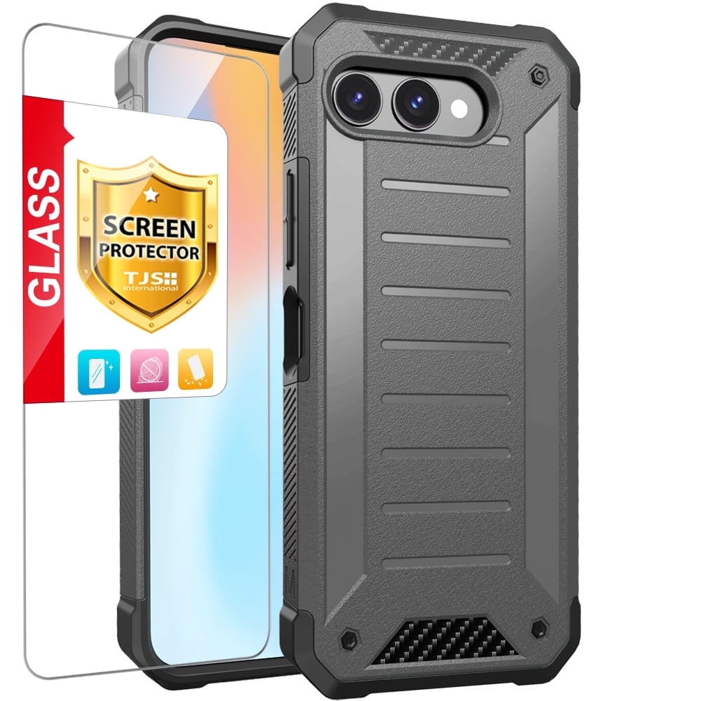 TJS Phone Case for T-Mobile REVVL 8, with Tempered Glass Screen Protector,  Tough Lined Design Hybrid Shockproof Protection Cover (Gray)