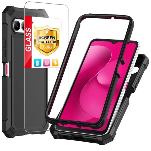 TJS for T-Mobile REVVL 8 Phone Case, with Tempered Glass Screen Protector, Full Body Protective Heavy Duty Hybrid Bumper Cover (Black)