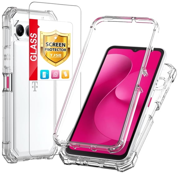 TJS for T-Mobile REVVL 8 Phone Case, with Tempered Glass Screen Protector, Full Body Protective Heavy Duty Hybrid Bumper Cover (Clear)