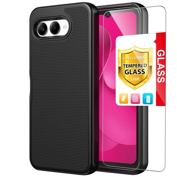 TJS for T-Mobile REVVL 8 Phone Case, with Tempered Glass Screen Protector, Slim Dual Layer Hybrid Shockproof Rugged Phone Cover (Black)