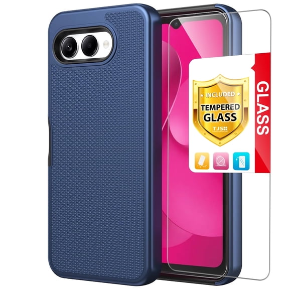 TJS for T-Mobile REVVL 8 Phone Case, with Tempered Glass Screen Protector, Slim Dual Layer Hybrid Shockproof Rugged Phone Cover (Blue)