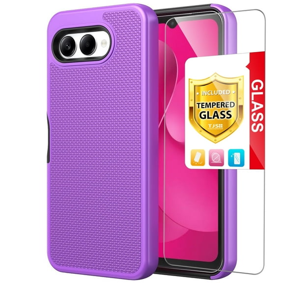 TJS for T-Mobile REVVL 8 Phone Case, with Tempered Glass Screen Protector, Slim Dual Layer Hybrid Shockproof Rugged Phone Cover (Purple)