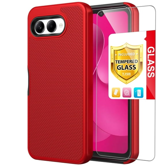 TJS for T-Mobile REVVL 8 Phone Case, with Tempered Glass Screen Protector, Slim Dual Layer Hybrid Shockproof Rugged Phone Cover (Red)